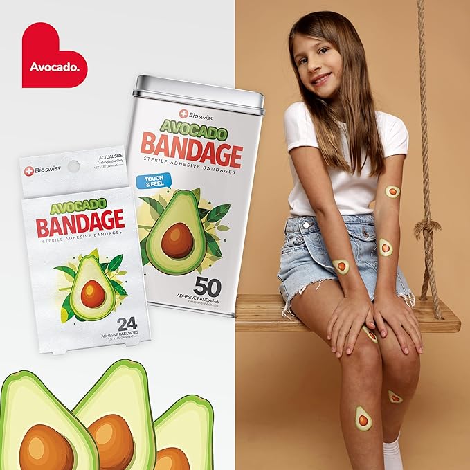 BioSwiss Bandages, Avocado Shaped Self Adhesive Bandage, Latex Free Sterile Wound Care, Fun First Aid Kit Supplies for Kids, 24 Count