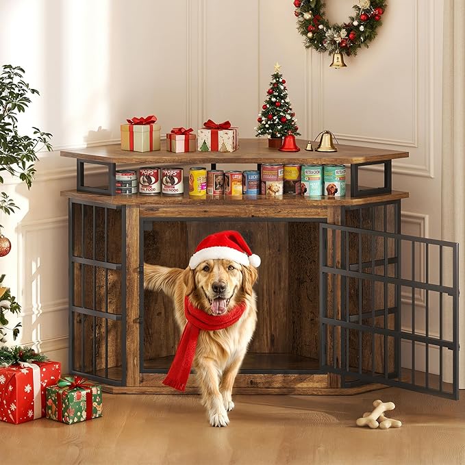 Corner Dog Crate Furniture with 2-Tier Shelves,51" Large Dog Kennel with Storage Indoor Wooden TV Stand, Modern Dog Cage Decorative Pet House, Rustic Brown
