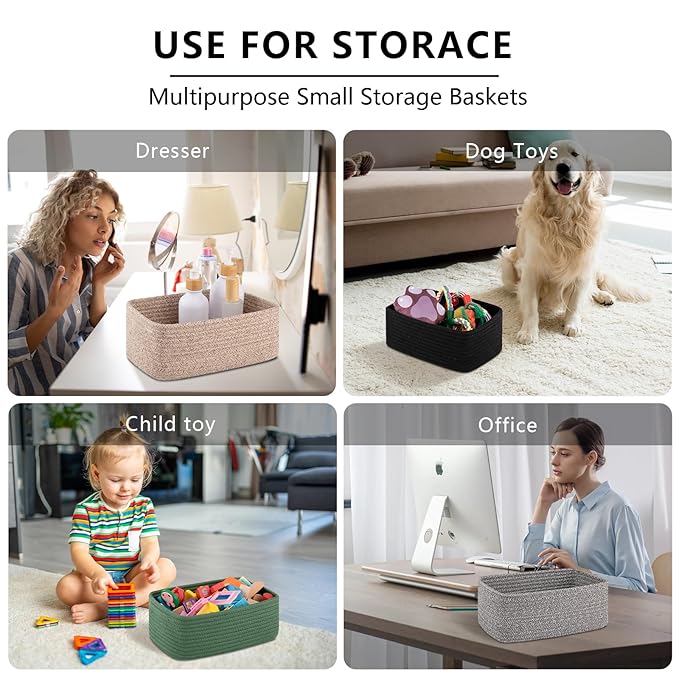 4 Pack Small Storage Shelf Baskets for Organizing, Mini Woven Rope Storage Bins for Towels, Cute Decorative Closet Organizer,Baby Nursery, Gift Empty Baskets -13.78''Lx9.84''Wx5.51''H-Brown