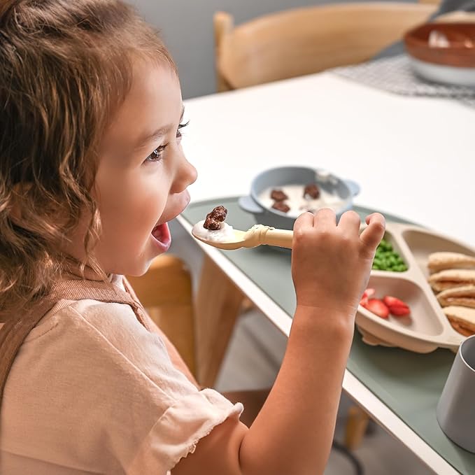 Made in USA Spoon la la Toddler Utensils Set (2 Pack) & Board Book - Spoon & Fork for Kids, Self-Standing 3D Ergonomic Cat & Dog Handles, BPA-free, Dishwasher Safe Baby Silverware (Yellow)