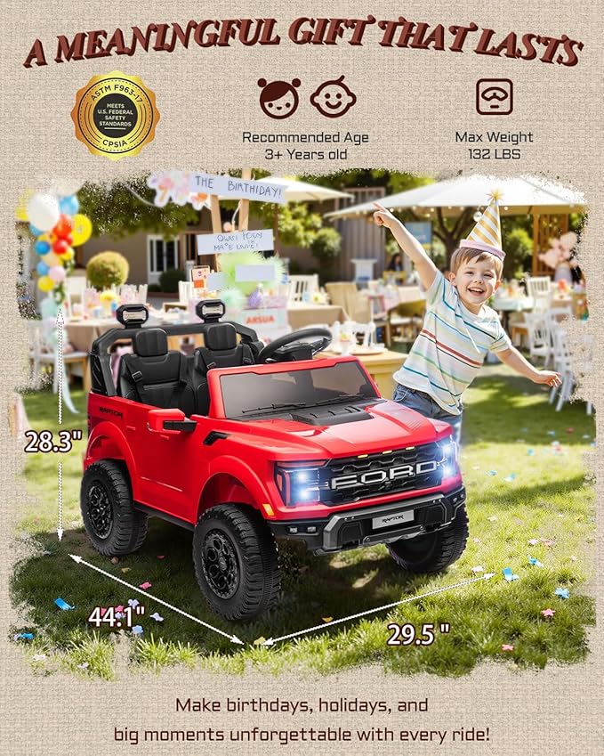24V 2 Seater Ride on Toys for Kids, Licensed Ford F-150 Raptor Kids Electric Vehicles w/Remote Control, Power Pedal and Durable Wheels, LED Lights, Bluetooth, Truck Bed Storage (Red)