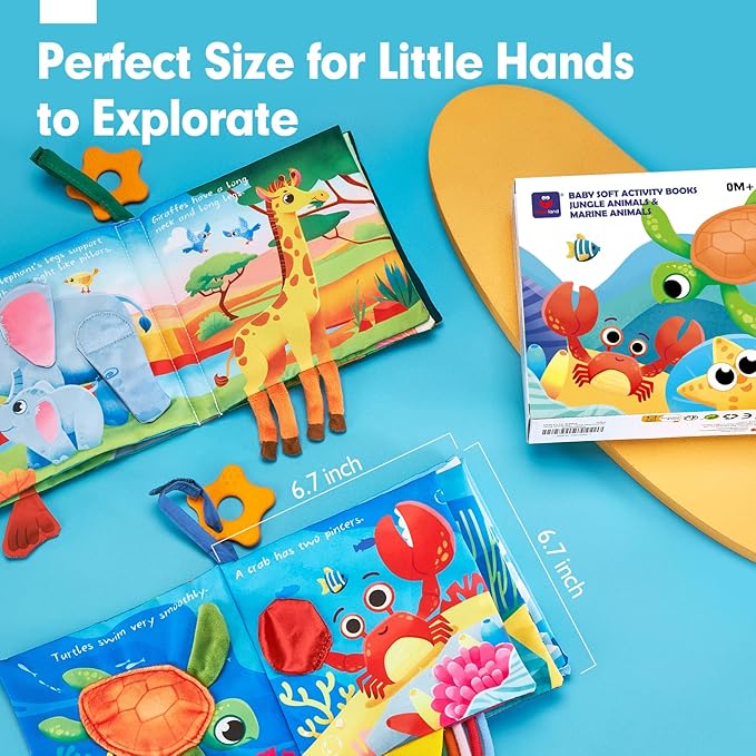 hahaland Baby Books 0-6 Months - 2 PCS Sensory Montessori Toys for Babies 0-6 Months with Crinkle Squeaky Sounds, Mirrors, Teethers - Soft Cloth Tummy Time Book Newborn Infant Toys