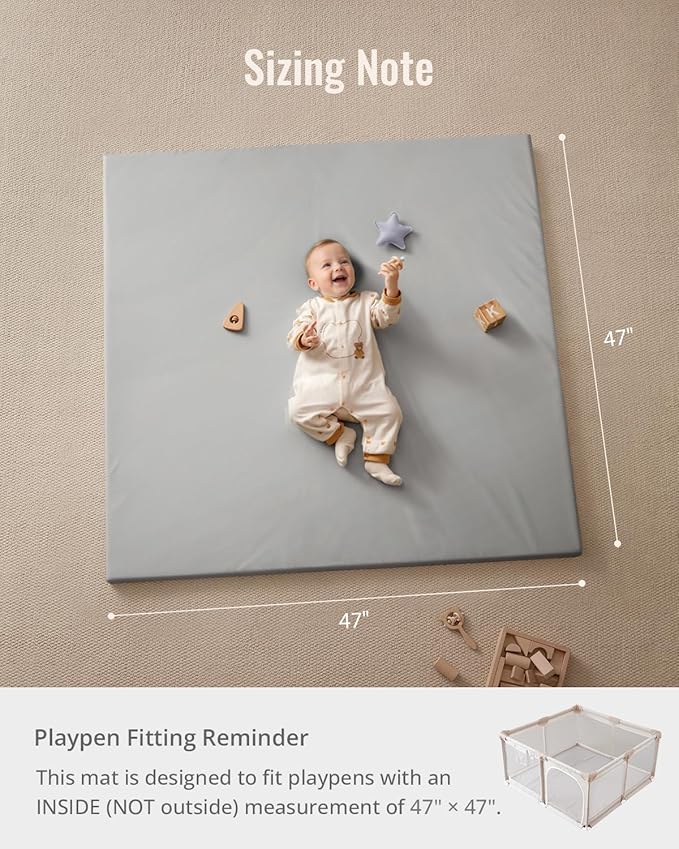 Blissful Diary Vegan Leather Baby Play Mat, 47x47 Thicken Foam Cushioned & Waterproof Playpen Mat for Infants and Toddlers, Stylish and Just Wipe-Clean Playmat for Baby Play on Floor, Light Gray