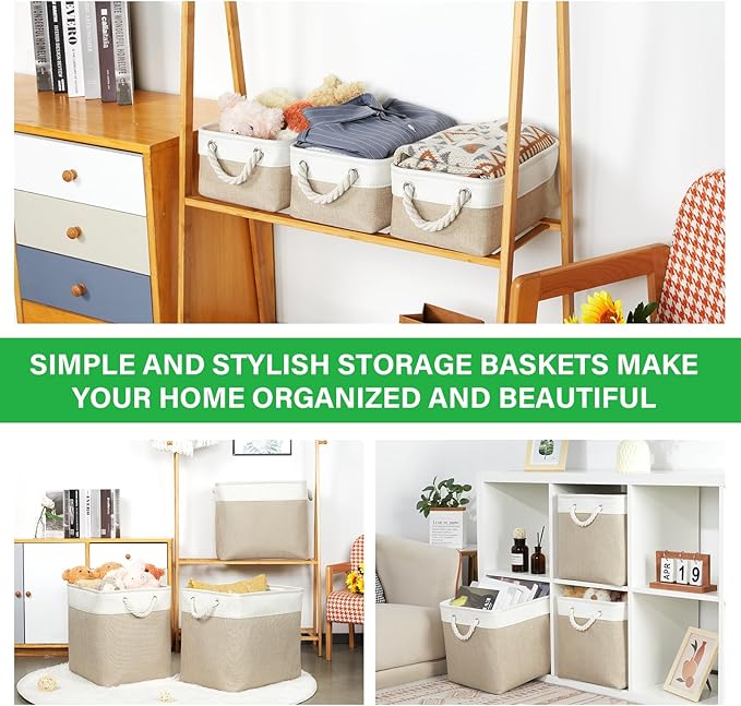 Bidtakay Small Baskets Fabric Storage Baskets for Organizing 3-Pack 12x8x5 Inch Collapsible Storage Bins for Shelves Canvas Bins for Closet Organization Baskets Storage Linen Closet S-White&Beige
