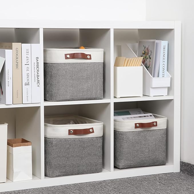 DULLEMELO Storage Baskets for Organizing, Rectangular Fabric Storage Bins Collapsible, Perfect for Shelves, Closets, Empty Gift Baskets (3-Pack Medium-15 inch X 11 inch X 9.5 inch , White&Grey)