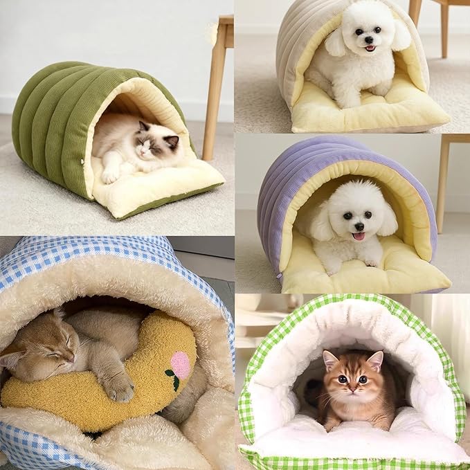 Expectation Cat Bed, Removable and Washable Winter Closed-Off Cat Bed, Soft Fluffy Warm Autumn/Winter Cats House, Washable Non-Slip Pet Sleeping Bag for Indoor Cats Small Dogs (Purple,Medium)