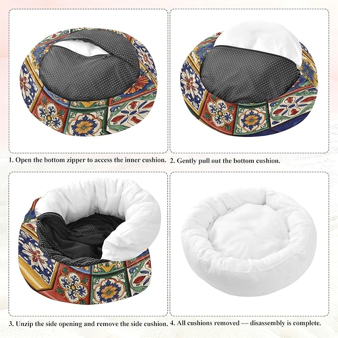Round Cat Bed Dog Bed,20in Mexican Tile Patterns Washable Non-Slip Bottom Soft Pet Bed for Small Medium Dogs and Cats