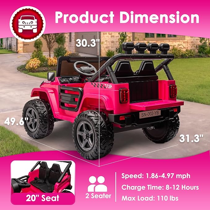 24V 2 Seater Ride On Truck with Remote Control 4WD Electric Car for Kids Ride On Car Battery Powered Ride On Toy Car with Music Player, LED Lights, Bluetooth, Rear Shock Absorber, Hot Pink