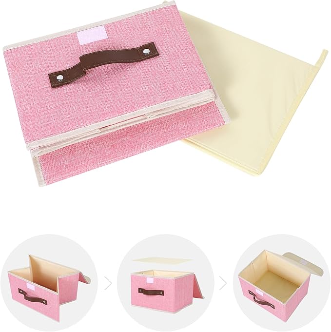ANMINY 2PCS Storage Bins with Lid PU Leather Handles Storage Boxes PP Plastic Board Decorative Foldable Lidded Cotton Linen Fabric Home Cubes Baskets Closet Organizer Containers - Pink, Small Size
