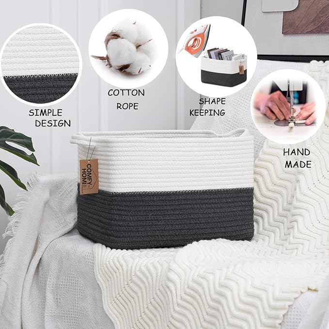 COMFY-HOMI Cotton Rope Woven Basket with Handles for Shelves,Toys,Book, Cloth Storage Baskets Bin for Organizing-13.5"x11"x9.5" Toy Decorative Organizer for Living Room, Bathroom-White/Dark Grey