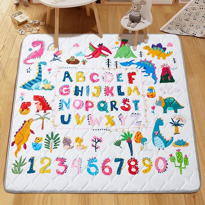 Baby Play Mat - Thicken 50x50 Inch Soft Foam Crawling Mat for Playpen & Floor, Non-Slip Waterproof Playmats for Infants & Toddlers, Portable Foldable & Machine Washable, Dinosaur & Letters