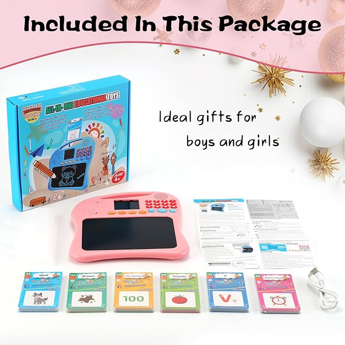 Kids Educational Learning Toys with Math Games,Talking Flash Cards and Writing Drawing Tablet, Speech Therapy Autism Sensory Toys Gifts for Toddler Preschool Activities Boys Girls Ages 3-10 (Pink)