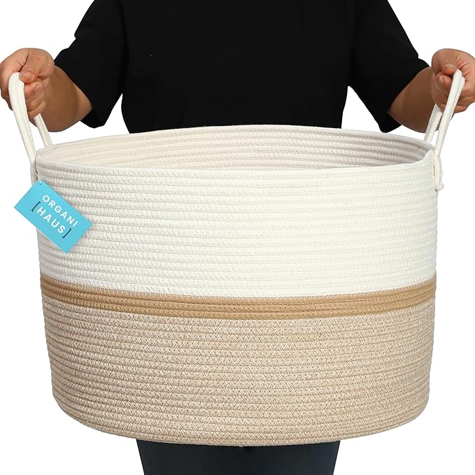 OrganiHaus Boho Woven Basket for Blankets and Laundry, Decorative Large Storage Bin for Living Room, Nursery Basket for Toys & Clothes, Soft Cotton Rope with Handles 20x13 inches - Striped Honey