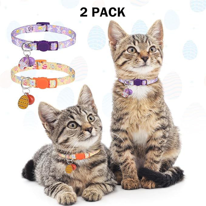 Breakaway Cat Collars for Girl Boy Cats, Spring Summer All Weather Cat Collar Personalized Pattern 2 Pack,Cute Classic Safety Buckles and Bells,Adjustable Printed Nylon Colorful Kitten Collar