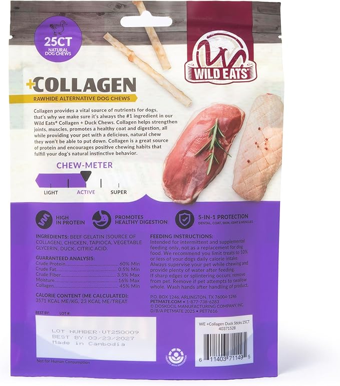 Wild Eats Real Duck Collagen Sticks for Dogs (25 Pack,5 Inch) Long Lasting Dog Chews No Hide Dog Treat Bully Stick Alternative, Rawhide Free, Grain Free, High Protein