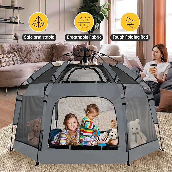 Pop Up Playpen for Babies with Canopy & Safety Lock - Outdoor Baby Playpen with 6 Ground Stakes & 6 Sand Stakes, UV Protection & Carry Bag, Instant Beach Tent for Indoor/Outdoor Use(Grey)