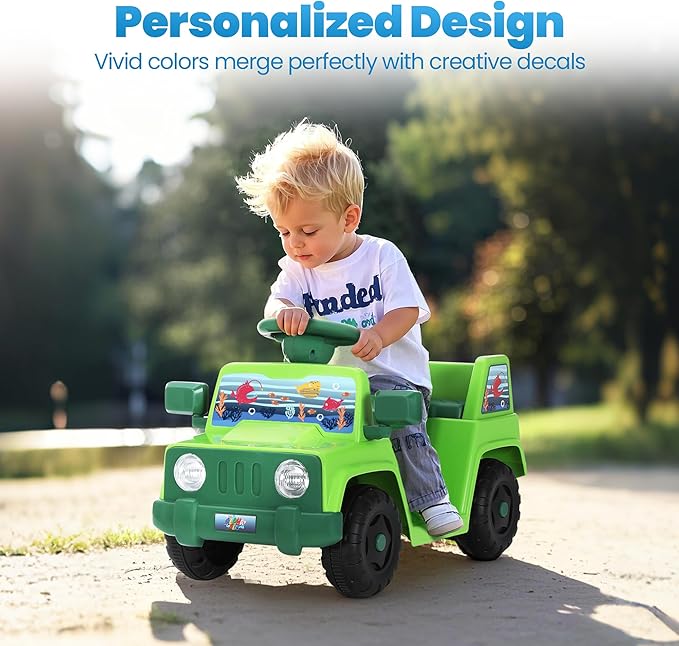 6V Toddler Ride On Car Interactive Electric Car with Horn LED Front Light Rear Storage Ocean Theme Perfect for Boys & Girls 18+ Months Safe & Fun for Little Explorers(Green Ocean)
