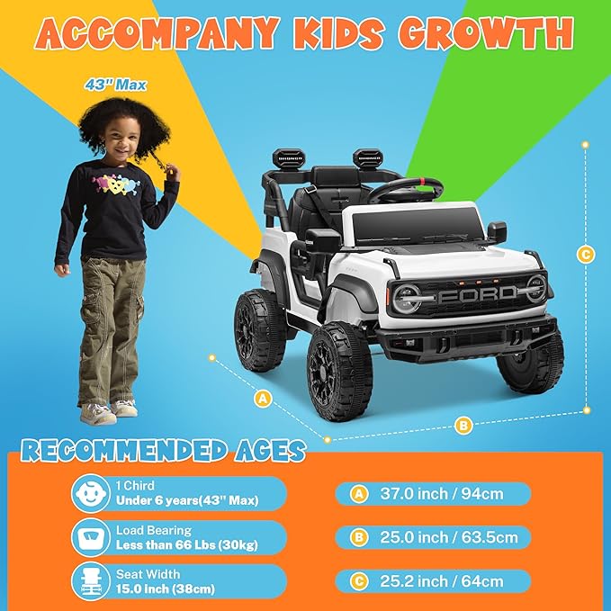 ENYOPRO Licensed Ford Bronco Raptor Electric Car for Kids, 12V Ride On Toys for Toddlers, Christmas Birthday Gifts Ride On Car for Kids Age 3-6 w/Remote Control, Bluetooth, LED Lights, 2 Speed (White)