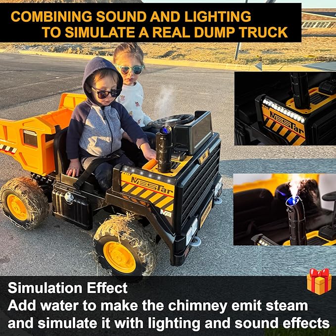 24V Ride On Dump Truck, 24inch-2 Seater Ride On Car for Kids w/Remote Control 4WD/2WD Up to 5 Mph, 24v Ride on Toys for Big Kids w/Electric Dump Bed Extra Shovel Traffic Cones (Yellow)