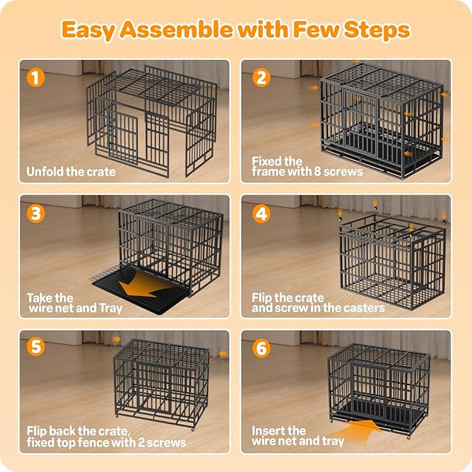 60 Inch Heavy Duty Dog Crate, Indestructible Escape-Proof Dog Kennel for High Anxiety Large Dogs, Strong Metal Pet Cage with Double Doors, Lockable Wheels & Removable Tray, XL XXL XXXL