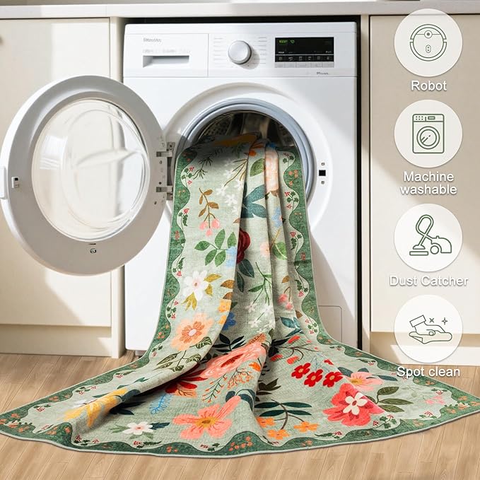 Runner Rug for Entryway: 2x10 Kitchen Rugs Non Slip Washable Ultra-Thin Soft Floral Carpet Indoor Floor Stain Resistant Carpets for Hallway Bedroom Kitchen Laundry Bathroom Dorm Green
