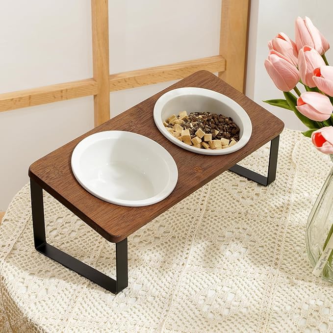 Sunhoo Elevated Cat Bowls for Indoor Cats Ceramic Kitty Dish Food Water Raised Tilted Puppy Feeding Sation with 4 Dishes Wooden Stand Pet Feeder Metal Legs Orthopedic ReducesVomiting(Brown)