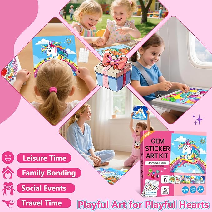 Marlrin Gem Sticker Kit for Kids, 8 Unicorn Princess Themes, Crafts Kits for Girls Ages 4-8, Arts & Crafts Toys, Diamond Art Kits for Kids - Birthday and Christmas Gift for Girls Ages 3, 4, 5, 6, 7, 8