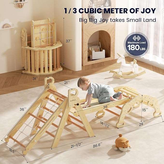 BlueWood 2025 8-in-1 Pikler Triangle Climbing Set Toddler Toys Indoor Baby Jungle Gym Climber Playground for Kids - Natural Wood