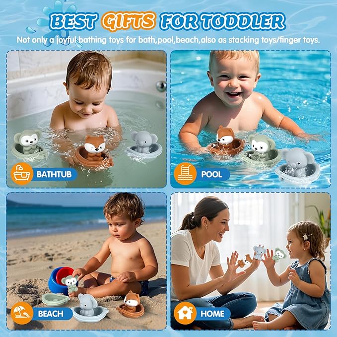 Bath Pool Toys for Toddler, Stacking Toys with 3 Boat 3 Sensory Finger Puppets, Toddler Toys Gifts for 2-4 Year Old Boy Girl, Model A