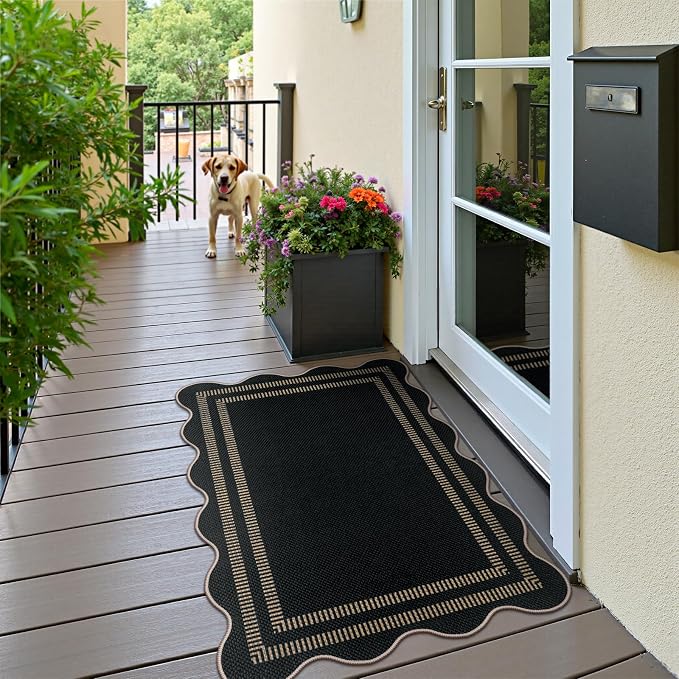 Scalloped Easy Jute Black Rug, 2.6x4 Front Door Washable Door Mat Non Slip