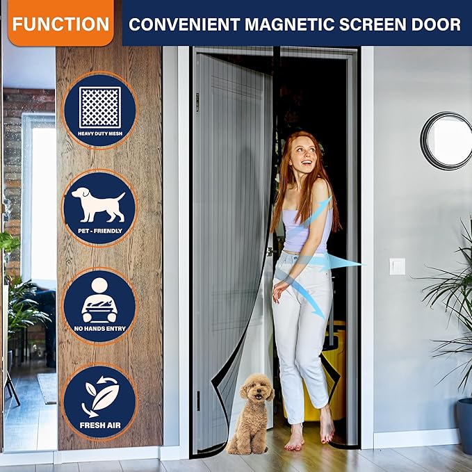 Magnetic Screen Door, Keep Bugs Out, Pet & Kid Friendly,Works with Front Doors, Sliding Doors,Fit Door Size 36 x 80 Inches Black
