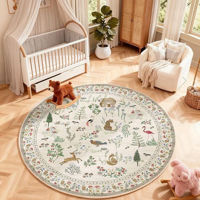 Washable Round Rugs for Bedroom 4ft: Living Room Rug Stain Resistant Non Slip