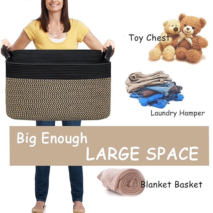 COMFY-HOMI Large Rectangular Blanket, Cotton Rope Woven for Storage, LaundryHamper, Storage,Toy Organizing Bin with Handle, Organizer and Storage-22x15x12-Black/Jute