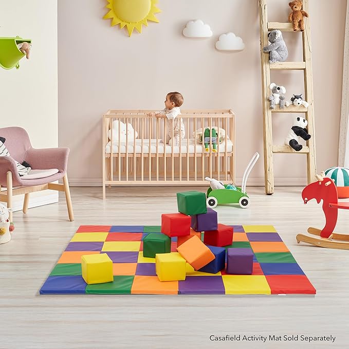 Casafield Toddler Foam Building Blocks (12-Piece Set), 5.5" x 5.5" Soft Play Colorful Kids Stacking Cubes for Daycare, Nursery, Preschool