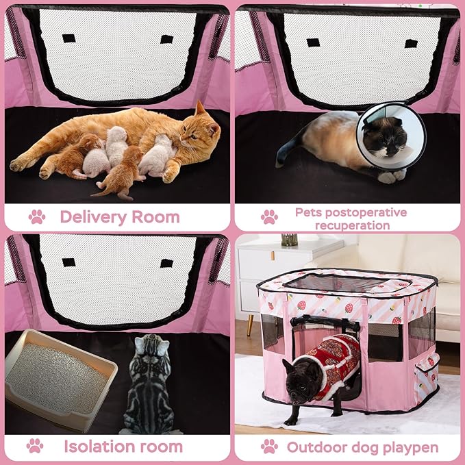Portable Pet Playpen, Cat Playpen for Indoor Cats Enclosed,Kitten Playpen Indoor with Resistant Breathable Shade Cover,Indoor Outdoor Use for Small Medium Pet (M, Pink)