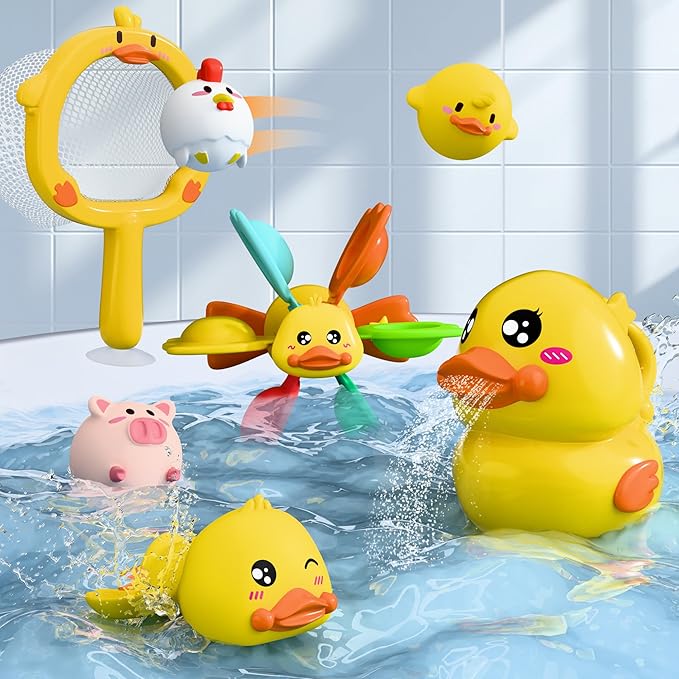 iPlay, iLearn Baby Duck Bath Toy, Toddler Bathtub Suction Water Spinner Gear, Kid Shower Fishing Game W/ Net, Light up Animal, Wind up Swimming Duck, Birthday Gift 6 9 12 Month 1 2 3 Year Old Boy Girl