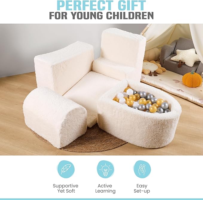 Foam Climbing Blocks - Climbing Toys for Toddlers 1-3 Inside - Soft Play Set for Babies - Indoor Activity Soft Playset for Baby 6-12 Months - Sherpa Fabric - 5 PCS - Balls NOT Included