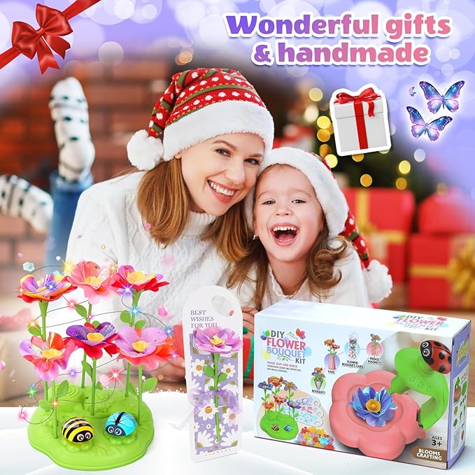 KLAPTOR Arts and Crafts for Kids Ages 4-6: Toys for Ages 5 6 7 8 9 – Birthday Gifts & Craft Set for Girl Age 3-9 - DIY 30+ Flower Bloom Maker with Music Light Base Vase Fridge Magnets Cards