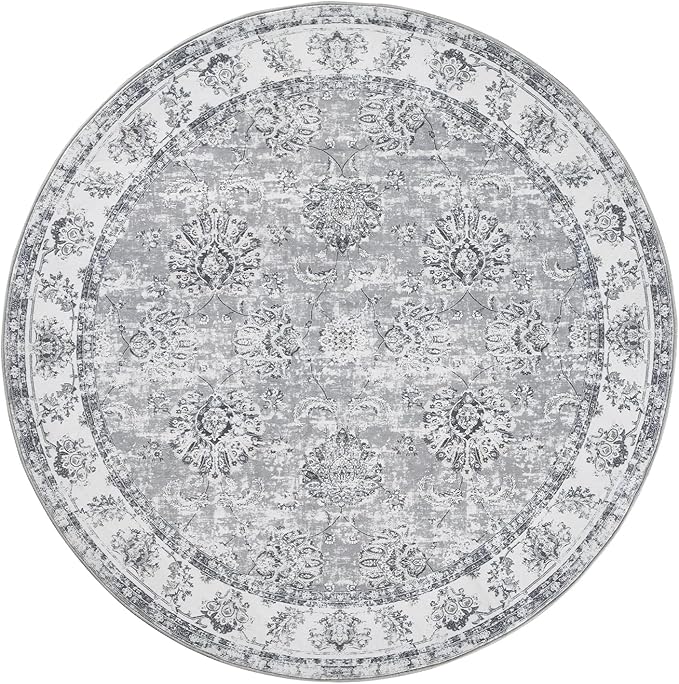 jinchan Round Rug 6ft Area Rug - Grey Vintage Floor Mat Kitchen Indoor Ultra-Thin Soft Floral Print - Washable Circle 6' Retro Accent for Farmhouse Non Slip Dining Room Living Room Bedroom Office