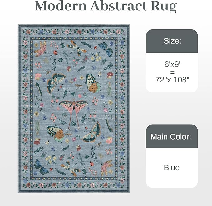 6x9 Rugs for Living Room with Insect Print - Bug Rug Non-Silp Stain Resistant Soft Carpet for Bedroom, Low Pile Ultra-Thin Machine Washable Carpet for Dining Room, Kids Nursery, Office (6'x6' Blue)