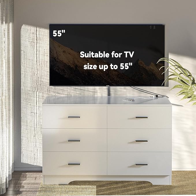 Dresser with Power Outlets Wooden 6 Drawer Dresser with USB and Type C Port Chest of Drawers for Bedroom Tall White Storage Organizer for Living Room Hallway Closet