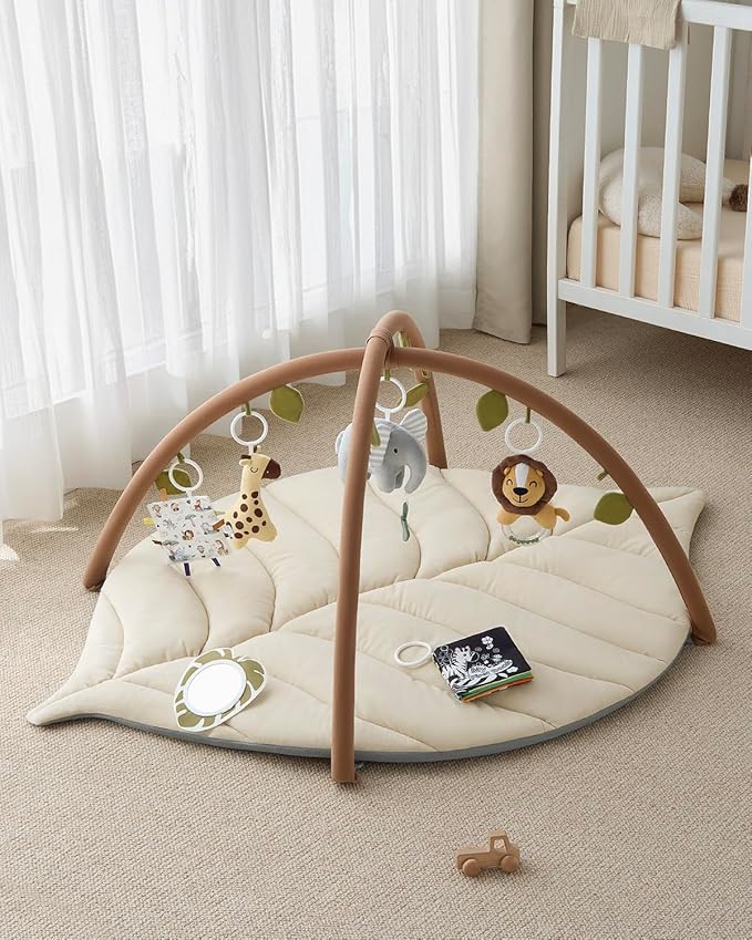 Blissful Diary Baby Play Gym & Activity Mat, Leaf Shaped Baby Tummy Time Play Mat with 6 Detachable Toys, Promotes Motor Skills & Sensory Development, Newborn Baby Essentials Gift, Oatmeal Beige