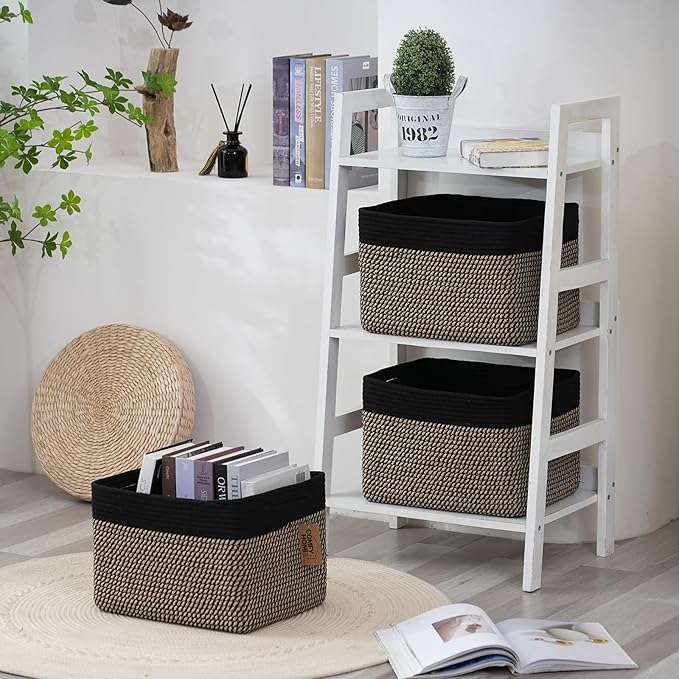 COMFY-HOMI 3PACK Cotton Rope Square Basket with Handles for Shelves|Dog Toy Bin and Storage|Baby Gift|Shoe Organizer|New 13.5" x 11" x 9.5" for Living Room (Black/Jute)