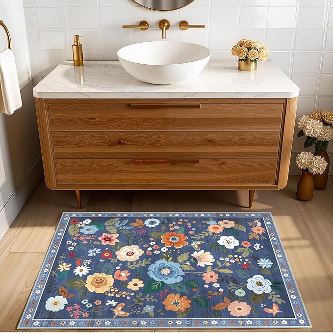 Floral 2x3 Area Rug Machine Washable Soft Print Boho Carpet Non Slip Doormat Low Pile Flower Area Rugs for Living Room Bedroom Nursery Kitchen Dining Room Indoor-Blue/Grey