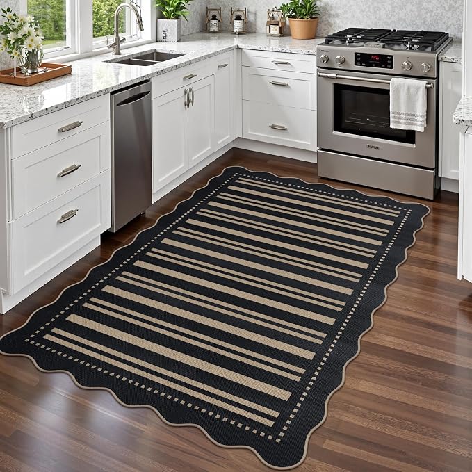 Striped Easy Jute 4x6 Outdoor Patio Rug, Washable Indoor Outdoor Black Kitchen