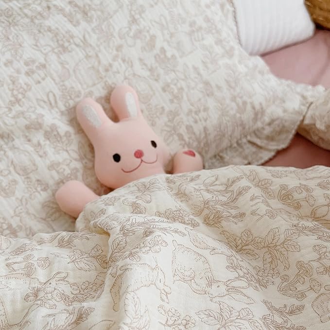 BuLuTu 100% Cotton Muslin Toddler Pillowcase with Ruffles Edges, Cute Rabbit Pattern Toddler Pillow Cover Soft Breathable Gauze Cotton Kids Pillow Cases for Boys,Girls, 1 Piece, 14"x20"