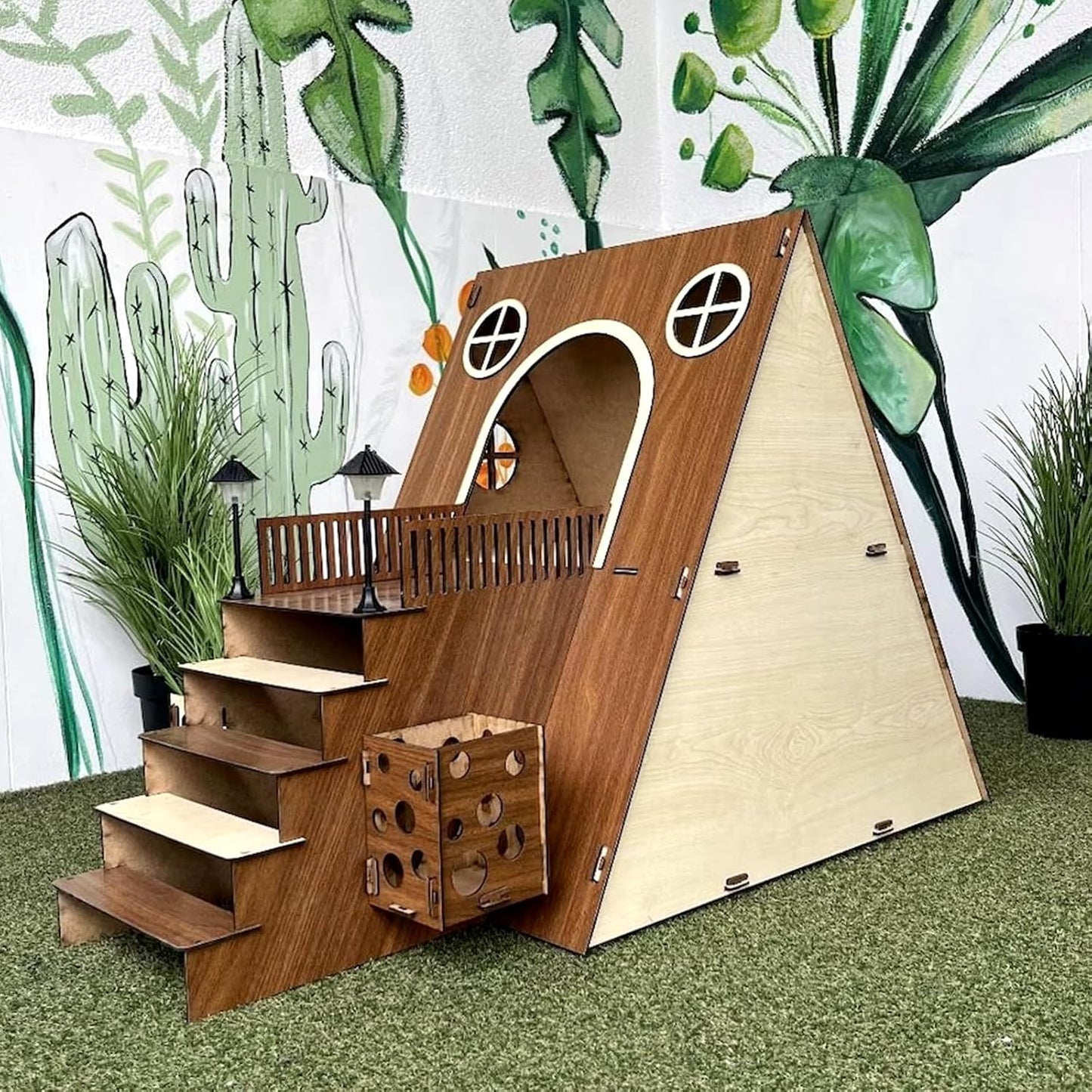 Large Modern Wooden Rabbit Castle House Hutch - Bunny Hideout Indoor Habitats - Pet 2-Story Home Furniture(Excluding Street Lights)