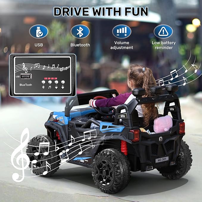 ANPABO 24V 4X4 Ride on Car Truck w/Remote Control, 4WD/2WD Switchable Kids UTV, 19" Spacious Seat, 4 Shock Absorbers, Soft Start, Music Player, Electric Car for Kids (Blue)