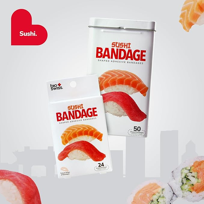 BioSwiss Bandages, Sushi Shaped Self Adhesive Bandage, Latex Free Sterile Wound Care, Fun First Aid Kit Supplies for Kids, 50 Count