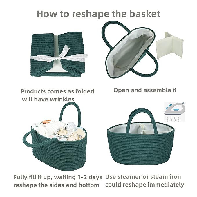 Large Baby Diaper Caddy Organizer for Girl Boy Rope Nursery Storage Bin Basket Portable Holder Tote Bag for Changing Table Car Travel Baby Shower Gifts basket dark green